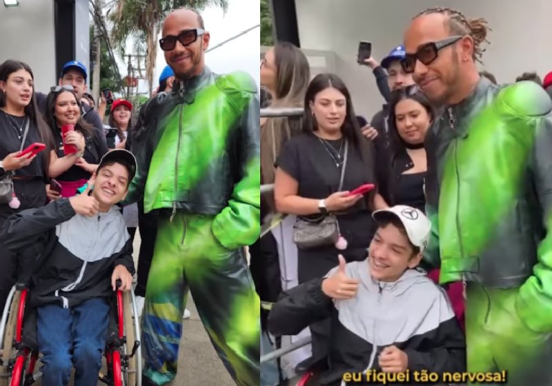 O piloto Lewis Hamilton, que tem um irmão PCD, parou na rua para tirar foto com um menino cadeirante brasileiro - Fotos: reprodução / Instagram @caducampos10