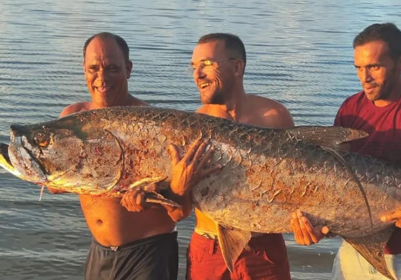 Os homens pegaram o peixe de 60 kg, assaram e dividiram com a comunidade local. Foto: Reprodução/Reprodução G1.