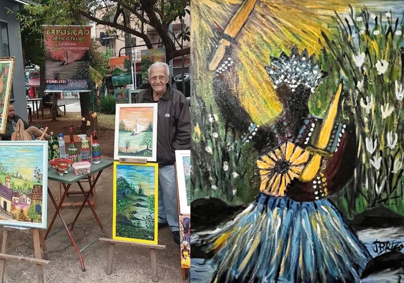 JB Rico, o brasileiro que se reinventa aos 82 anos e algumas de suas telas colocadas à venda pelas redes sociais. - Fotos: Arquivo Pessoal / Sandra de Angelis