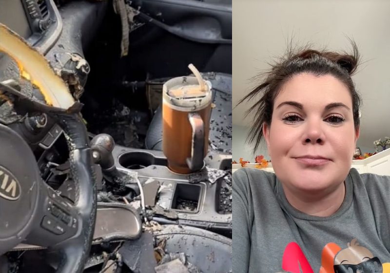 Sem querer, Danielle fez o marketing de milhões ao mostrar em um vídeo que a caneca da Stanley ficou intacta após um incêndio no carro dela. - Fotos: reprodução / TikTok @danimarielettering