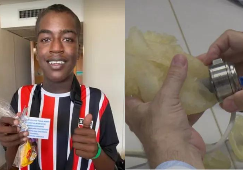 O menino nasceu com apenas metade do coração, mas com o ventrículo artificial ganhou uma nova vida. Foto: Arquivo pessoal e TV Globo.