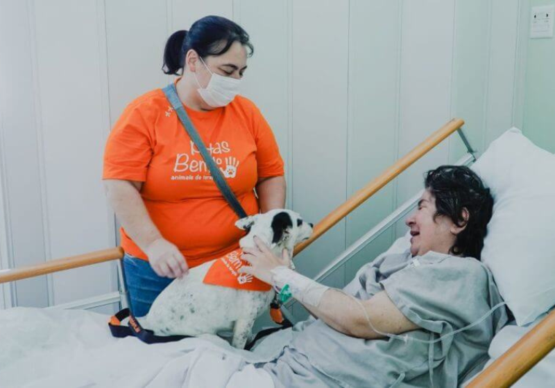 Os cães terapeutas fazem as visitas quinzenais aos pacientes com câncer e levam alegria ao ambiente tenso do hospital. - Foto: Reprodução/Marco Favero (SecomSC).