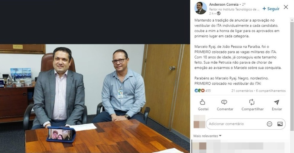 O anúncio chegou por meio de uma ligação do reitor da Instituição. Foto: Anderson Correia/Linkedin.