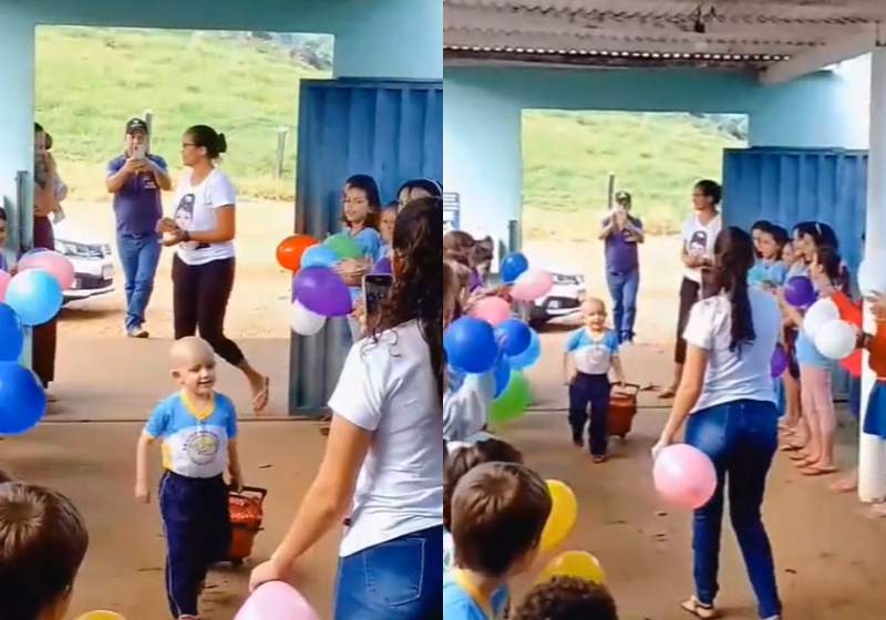 Curada do câncer, Nicolly é recebida na escola pelos colegas e professores com balões coloridos e um cartaz de boas-vindas. - Foto: reprodução/Tiktok @cristinabom81