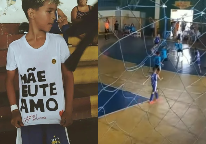 O menino prometeu para ele mesmo que faria um gol para a mãe e fez uma linda homenagem a ela, que morreu de câncer uma semana antes. - Foto: Reprodução/TV Zapnews.