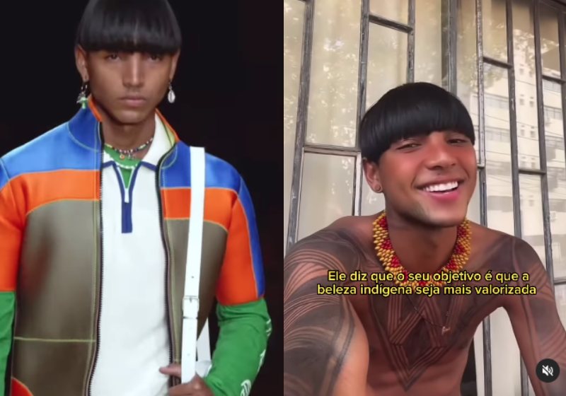O modelo indígena brasileiro Noah Alef arrasou em Milão por dois anos consecutivos e não esquece suas raízes. - Foto: Reprodução/Cris Vidal.