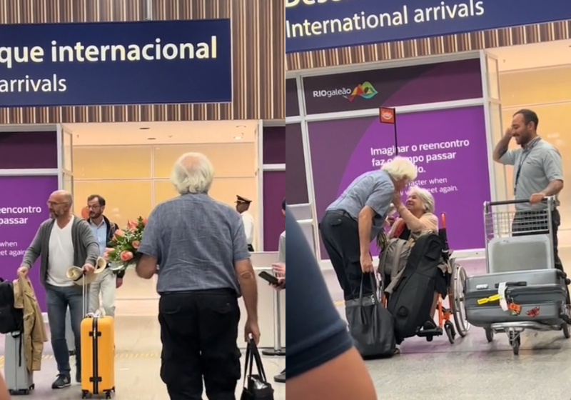 O vovô surpreendeu a vovó com flores no aeroporto e nós amamos o gesto dele! Foto: Reprodução/@thaissacoutinho_/TikTok.