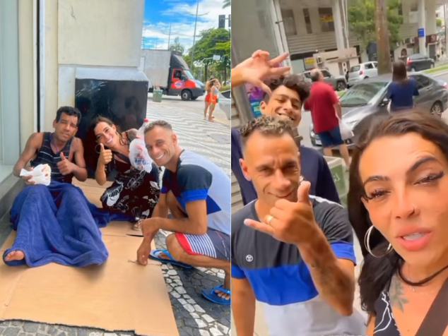 Abençoando: Gabrielly e Douglas que juntos formam o Casal Maloka, registraram ação em que distribuem alimentos para pessoas em situação de rua. - Foto: reprodução/Instagram @casalmaloka013