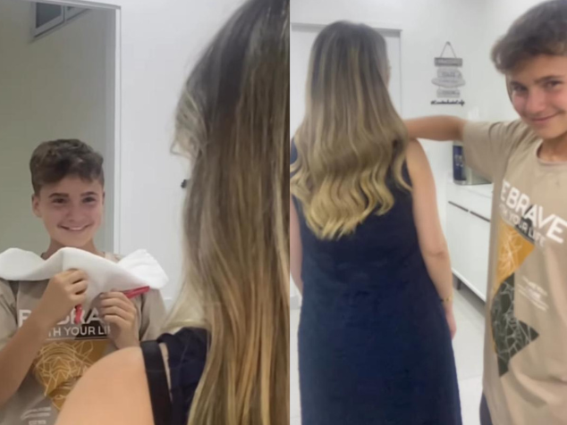 O filho tinha apenas 9 anos quando decidiu deixar o cabelo crescer. O vídeo em que ele doa os fios para fazer um megahair foi tão emocionante que viralizou nas redes. - Foto: reprodução/Instagram @carolcalligaris