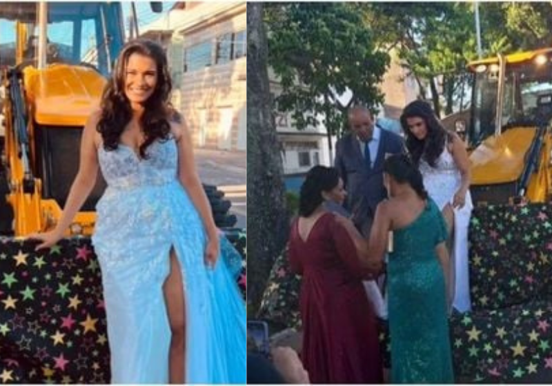 Essa noiva inovou na hora de chegar no próprio casamento e foi levada pelo irmão de trator! Foto: Arquivo pessoal.
