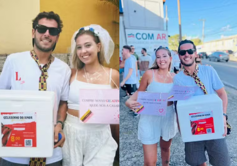 O casal vendeu geladinhos no Carnaval para levantar fundos para o casamento. As vendas foram um sucesso! Arquivo pessoal.