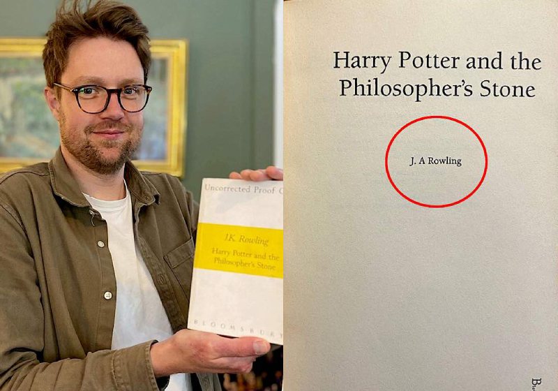 O chefe de livros da Hansons Auctioneers com cópia rara da primeira edição impressa do livro Harry Potter e a Pedra Filosofal. Detalhe: com o nome da autora escrito errado - Fotos: HANSONS AUCTIONEERS