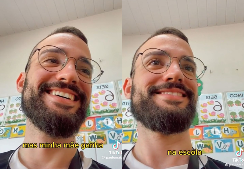 Entre risadas e perguntas inesperadas, o Tio Paulo mostra que ao lado dos alunos, o dia a dia de um professor fica bem mais divertido. - Foto: reprodução/ TikTok @paulomaiaf