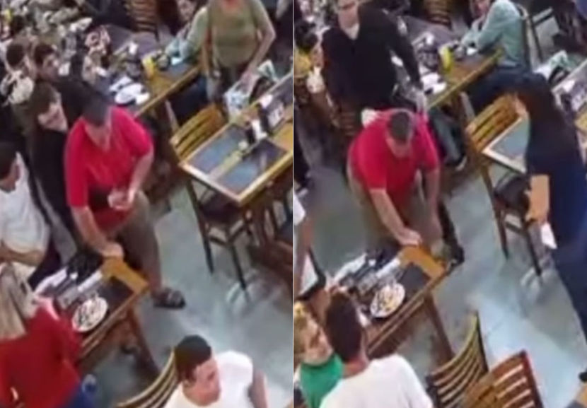 O policial fez a manobra Heimlich para salvar o homem engasgado com pedaço de carne, dentro de um restaurante de Araraquara. - Foto: reprodução/ @policiamilitar_araraquara