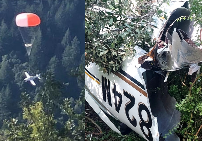 O acidente com o avião só não foi pior porque a aeronave tinha o sistema de paraquedas embutido. Foto: Corpo de Bombeiros de Shelter Cove.