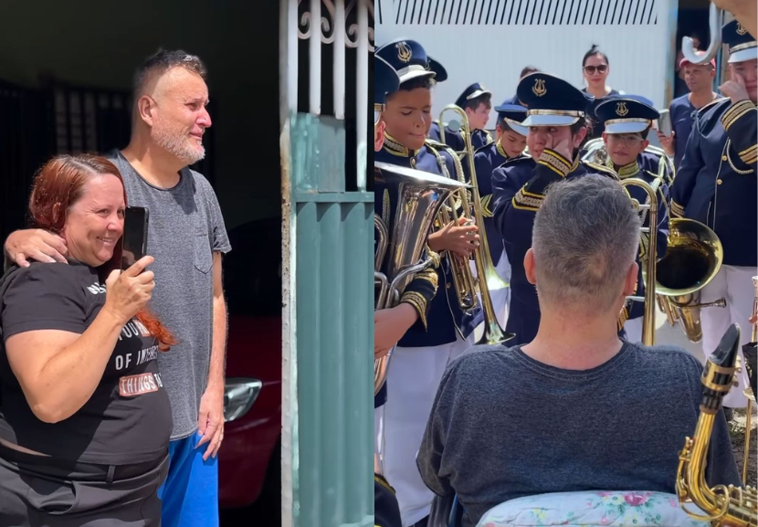 O professor de música ficou emocionado ao ver a fanfarra que os alunos fizeram em homenagem a ele. - Foto: reprodução/Instagram @colegiovitoriaregia