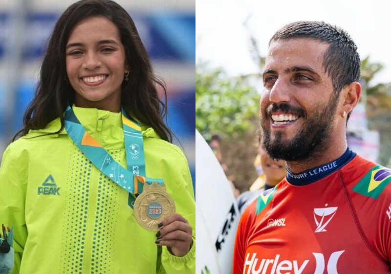 Rayssa Leal e Felipe Toledo, dois brasileiros indicados ao Prêmio Laureus na categoria Atleta nos Esportes de Ação. A premiação será em abril na Espanha. - Fotos: Pablo Vera / Getty Images e Tony Heff/World Surf League