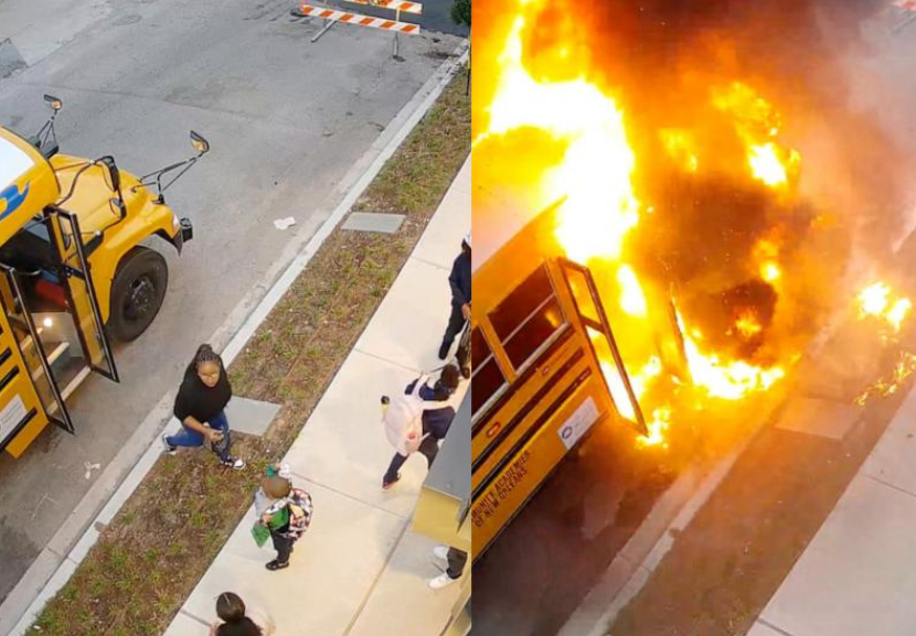 Um pedestre viu o fogo embaixo do ônibus e correu para avisar a motorista que rapidamente conseguiu tirar os alunos de lá. - Foto: Imagens câmera de segurança