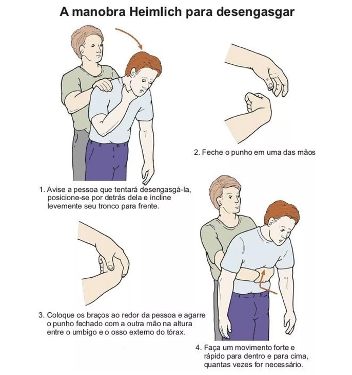 A Manobra de Heimlich, ensinada pela corporação, é crucial para socorrer casos de engasgo. - Foto: reprodução 