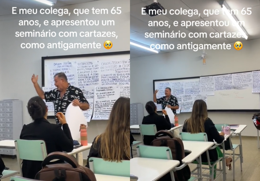 Rogério, de 65 anos, da Bahia, prefere o bom e velho método de apresentação de seminário com cartazes. Ele é estudante de Direito e viralizou nas redes com a apresentação feita como antigamente. - Foto: reprodução/ TikTok @carolneres97