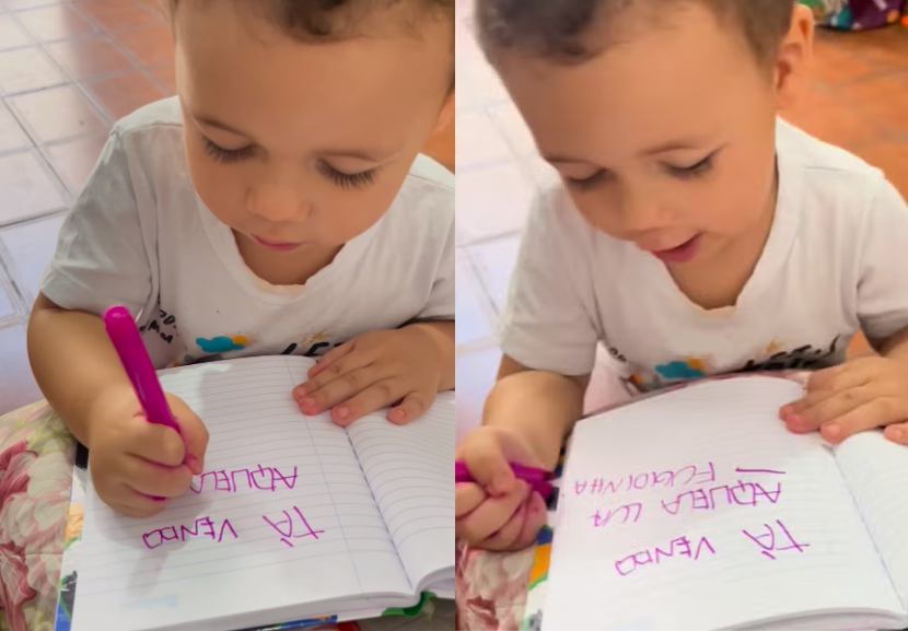O menino Fernandinho não se inibe com os poucos 2 anos que tem e mostra como aprendeu a ler e escrever sozinho. - Foto: reprodução/ Instagram @oalmeida.nandinho