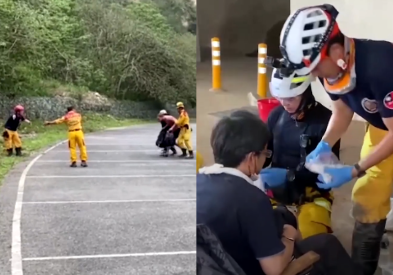 O resgate dos primeiros mineiros que ficaram isolados em túneis depois do terremoto foi feito com um helicóptero. - Foto: Taiwan National Fire Agency.