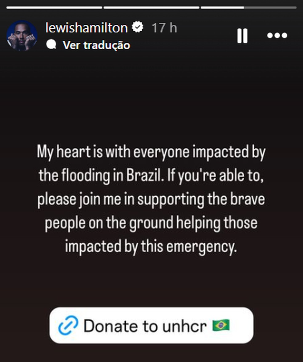 Lewis, que já havia se solidarizado com o RS, mais uma vez se mostrou gigante! Foto: Lewis Hamilton/Instagram.