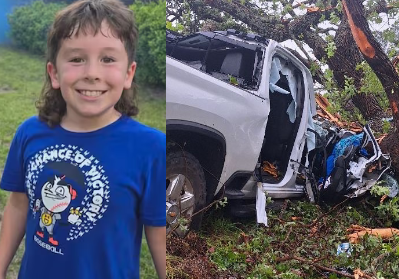 O garoto foi um verdadeiro herói e saiu do carro em meio a um tornado para salvar os pais. Foto: Família Baker (KTVT).