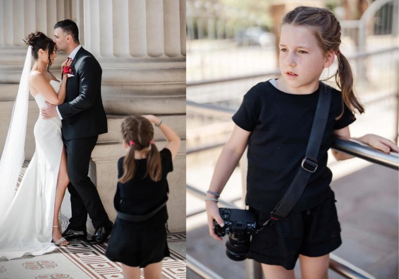 A menina Aisha deu um show como fotógrafa em um casamento. O pai dela, que já é fotógrafo, se emocionou com o resultado e as redes aplaudiram. - Foto: @jeromecole.