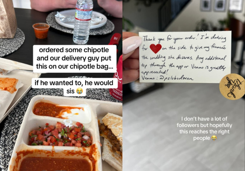 O entregador conseguiu o dinheiro para realizar o casamento dos sonhos depois de pedir ajuda com um bilhete simples, entregue nas mãos certas. - Foto: @erica_cristal.