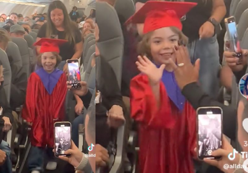 Xavier, de 6 anos ficou todo feliz depois que a tripulação do voo preparou uma festa surpresa para a criança, que perdeu a formatura na escolinha - Fotos: reprodução / TikTok @alldayloveme