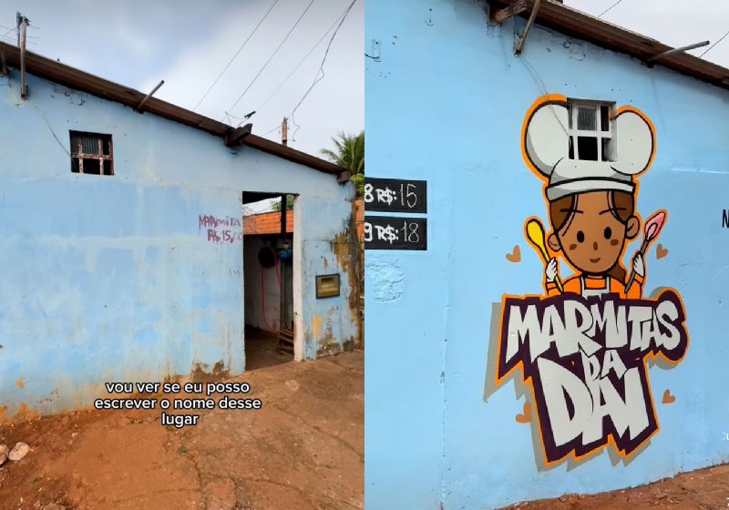 O grafiteiro Lucas viu a situação da parede e, gratuitamente, fez uma fachada incrível para a cozinheira que começou a vender marmitas em casa. - Foto: @rabiscoeasy/Instagram.