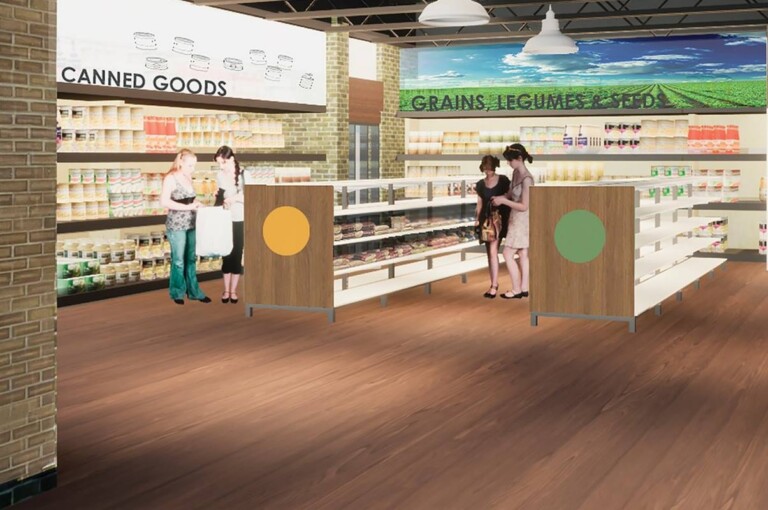 A representação mostra que o banco terá a aparência de uma mercearia tradicional para que os clientes se sintam mais confortáveis ​​no espaço. - Foto: Regina & District Food Bank