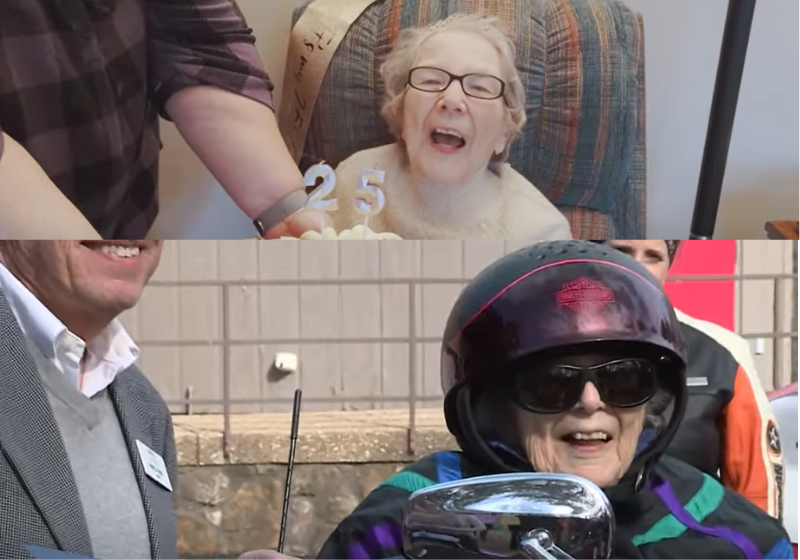 Evelyn Eales, a vovó de 104 anos, comemorou a nova idade andando de moto e tomando vinho. Foi o presente de um clube de motociclistas da cidade onde ela mora nos EUA. - Foto: 5News