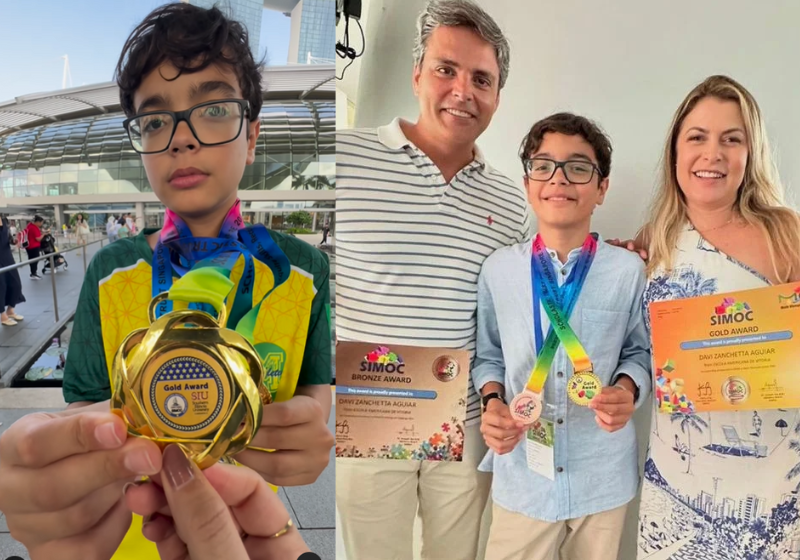 Davi Aguiar, um capixaba de 13 anos, conquista a medalha de ouro na Olimpíada Global de Matemática em Singapura. ao lado da família, ele comemora. Foto: @mayteaguiar