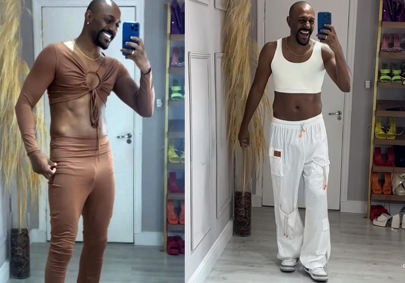 O namorado viu a esposa chorando depois de um dia de vendas fracas e resolveu ajudar. Rodinei fez um vídeo usando vários looks femininos e alavancou as vendas. - Foto: @amandasantos.amd/Instagram.