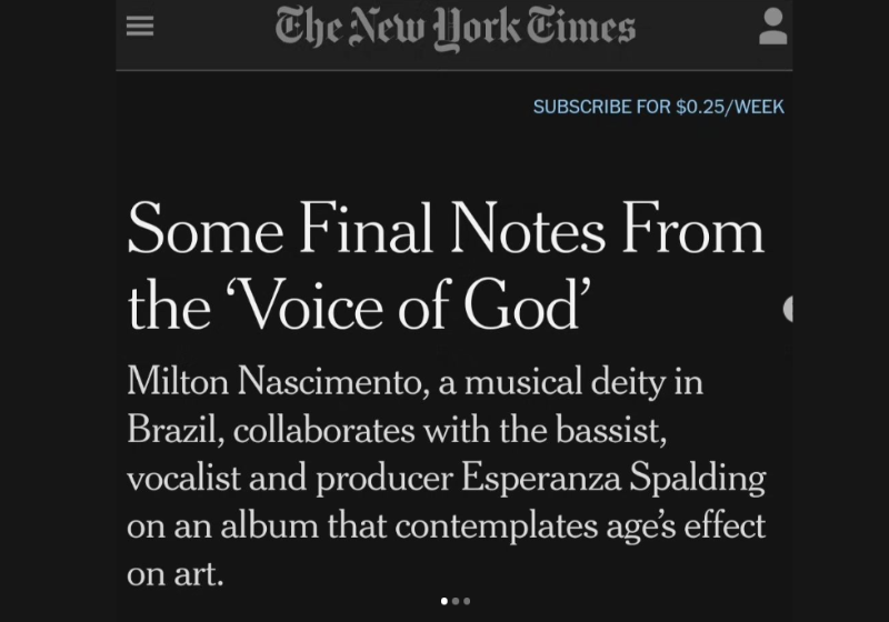 Diz o texto do NYTimes: "Milton Nascimento, uma divindade musical no Brasil, colabora com a baixista, vocalista e produtora Esperanza Spalding em um álbum que contempla o efeito da experiência na ". Tradução livre. Foto: Reprodução