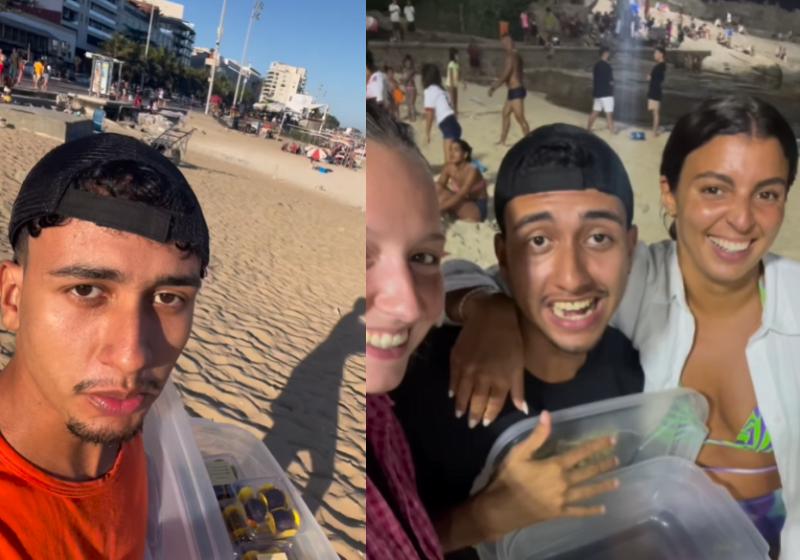 O jovem Daniel viralizou ao vender doces e falar com turistas em vários idiomas nas praias do Rio de Janeiro. - Foto: @vasconfeitariaa/Instagram.