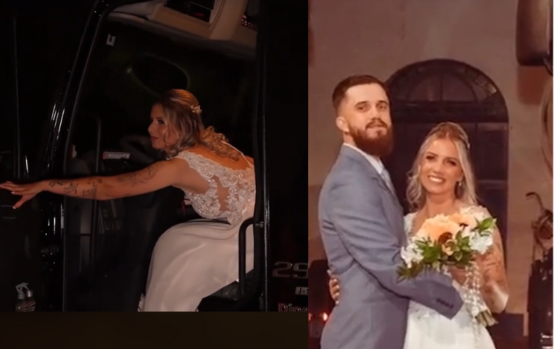 Essa noiva, a Marina, realizou um sonho: ir ao próprio casamento dirigindo o caminhão, que tanto adora. Foi um show à parte. Foto: Reprodução TikTok/@marinaharth