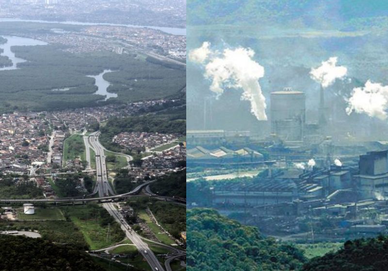 Vista de Cubatão hoje, como a cidade com a melhor qualidade ar e na década de 1980 (dir), quando era conhecida como a cidade mais poluída do mundo. - Fotos: reprodução / Diário do Litoral e Repórter Diário