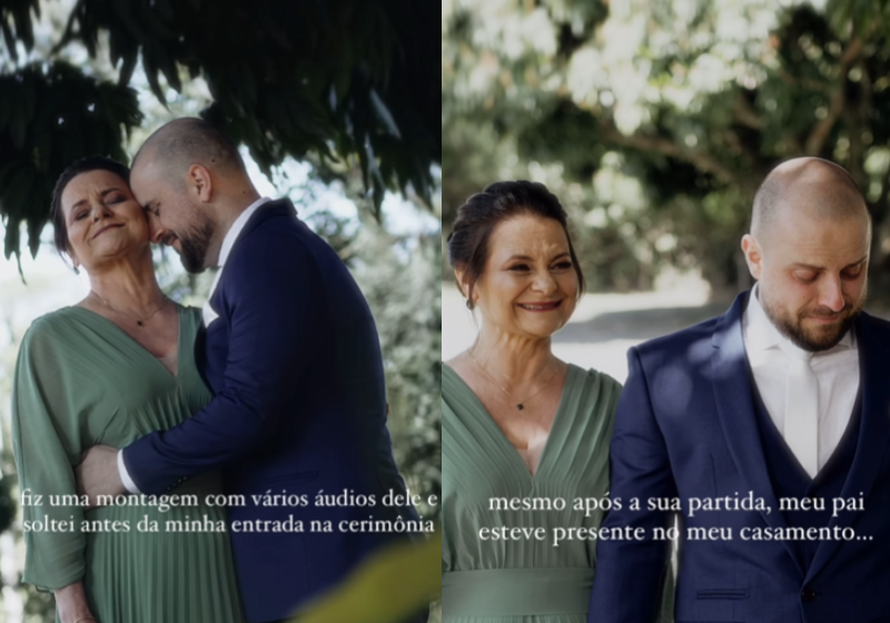 O noivo pegou áudios bem humorados, que o pai deixava no grupo da família todo dia cedo, e reproduziu na hora do casamento. Homenagem ao seu José. - Foto: @vuefotografia/Instagram