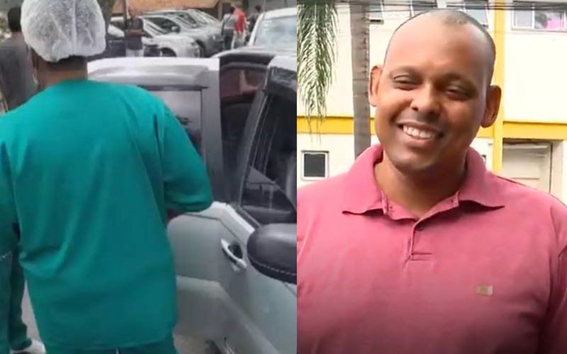 Motorista de aplicativo, Emilson Cipriano protagonizou uma cena rara: fez o parto de uma passageira e conseguiu salvar a criança e a mãe. Ele tem formação em enfermagem mas não exerce. - Foto: @TV Globo