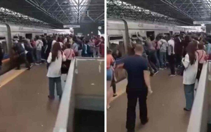 Ao descer do vagão do Metrô, um homem fica com a perna presa e outros passageiros correm para ajudá-lo. Felizmente, deu certo! - Foto: Metrô-DF/Correio Braziliense