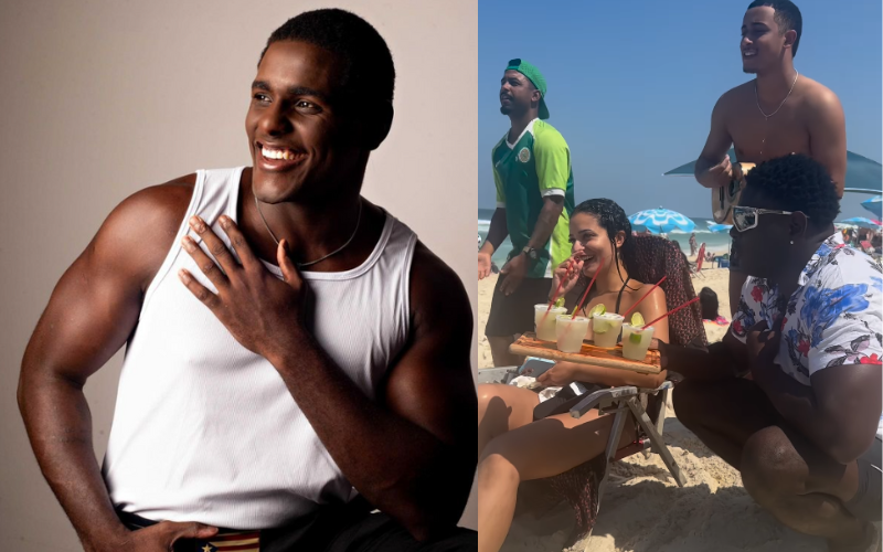 Augusto é um misto de artista, vendedor e garçom, que leva a bandeja com drinks cantando pagode, numa praia do Rio de Janeiro. E faz sucesso. - Foto: @augusto.cantor