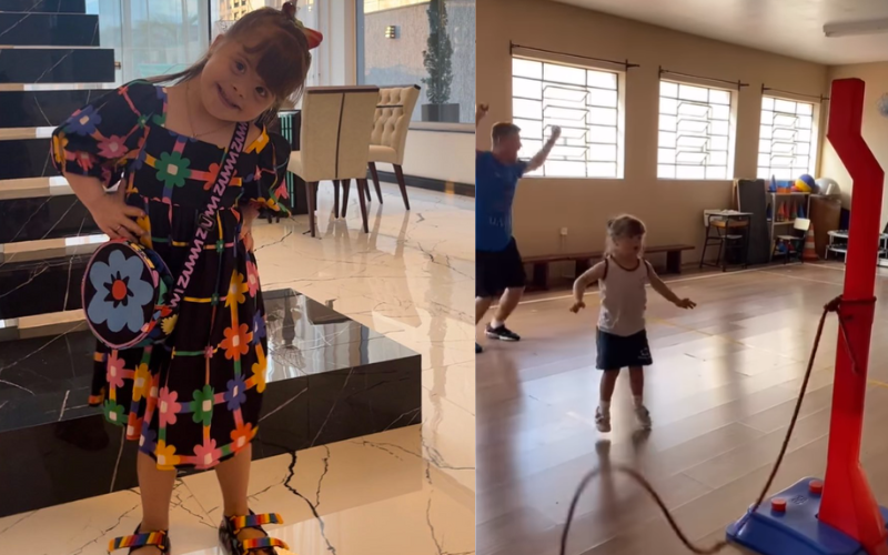 Maria Antônia, com Síndrome de Down, pula corda pela 1ª vez e os coleguinhas comemoraram com abraço coletivo. Nas redes sociais, muitos aplausos e a torcida por mais e mais conquistas. Foto: @minhavidacommariaa