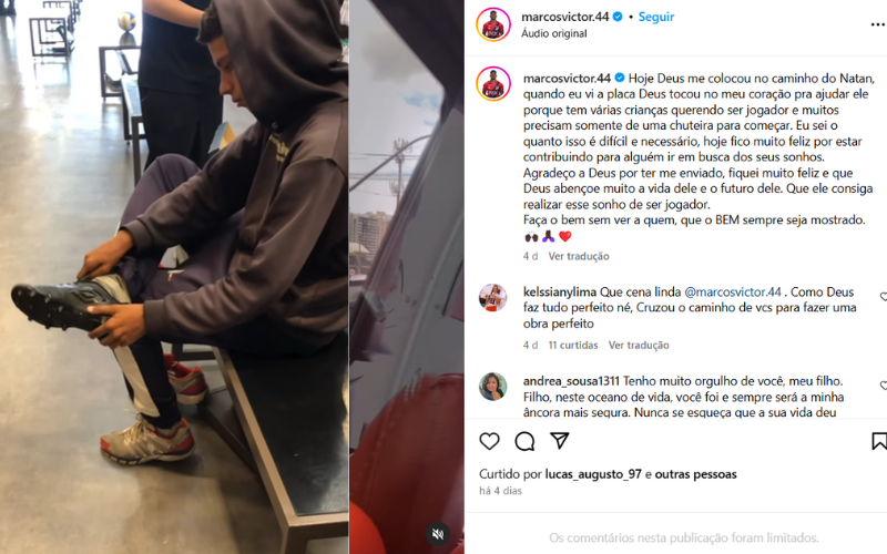 Gentileza gera gentileza é o princípio do zagueiro Marcos Victor, do Athletico Paranaense, que comprou uma chuteira para o Natan, um garoto, que vendia balas no semáforo para comprar um par. Foto: @marcosvictor44 