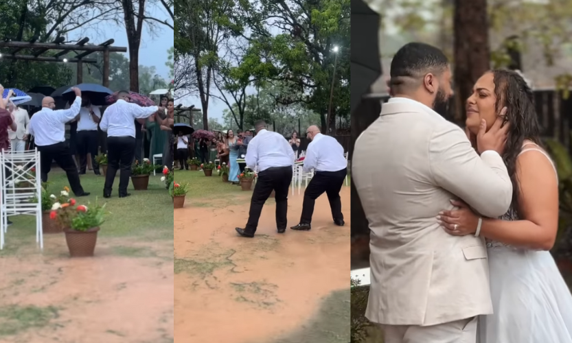 Os noivos Thiago e Fabiula mantiveram o casamento com chuva e tudo, enquanto convidados e padrinhos entraram na farra em meio à tempestade. Foto: @midiasdamirian