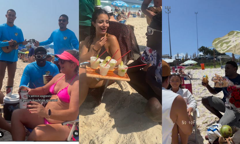 Augusto é do tipo que faz tudo cantando pagode, assim como vendedor de drink na praia, no Rio, não seria diferente. Sucesso absoluto. Como resistir? Foto: @augusto.cantor
