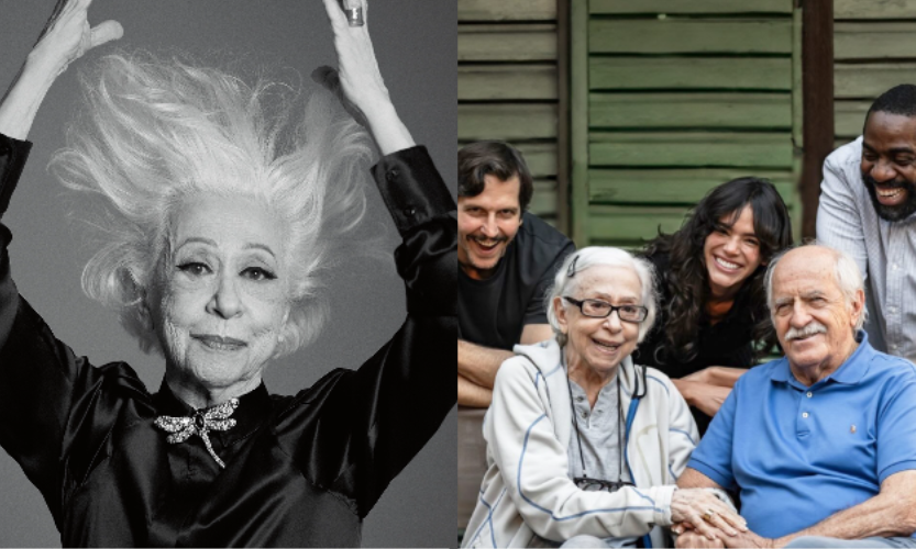 Fernanda Montenegro completa 95 anos e comemora com festa surpresa, preparada pelos colegas, do filme “Velhos Bandidos”. Nas imagens: ela com parte do elenco do filme (D) e numa pose (E). Foto: @fernandamontenegrooficial 