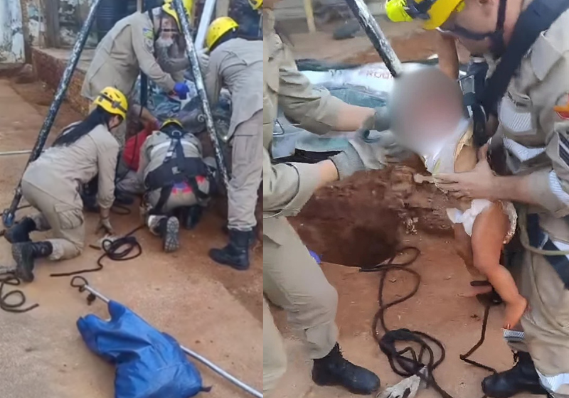 Os bombeiros precisaram de muita técnica e rapidez para tirar a bebê do buraco em segurança. E deu certo! - Foto: @ligabomoficial/Instagram